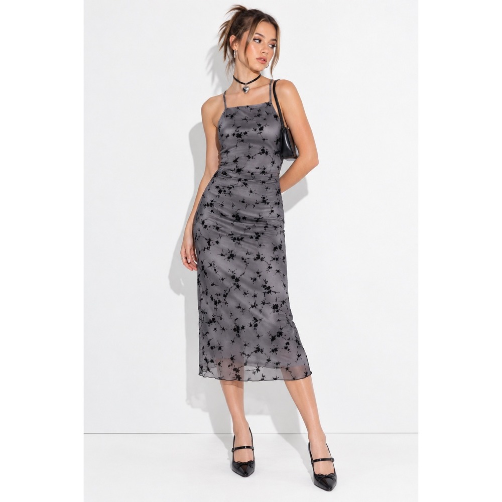 Wild Fable Grey Black Floral Mesh Midi Dress Y2K Whimsy Goth Strappy Back Large
